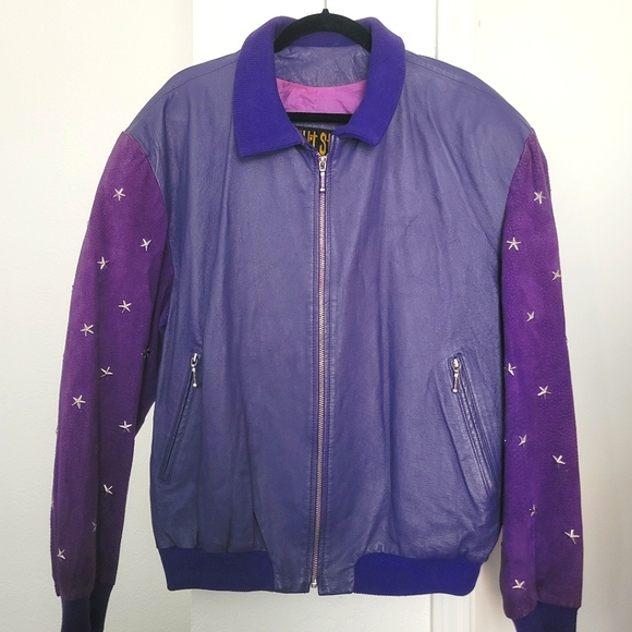 Vintage Other - Vintage 90s Purple Leather And Suede Bomber Men's Large Star Studded